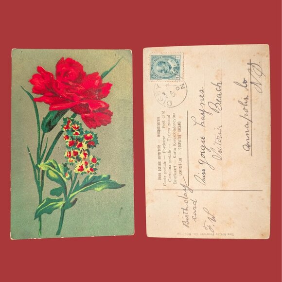 6/$15 Antique Gilded Postmarked Golden Age Floral Postcard Red Carnation - Picture 1 of 2